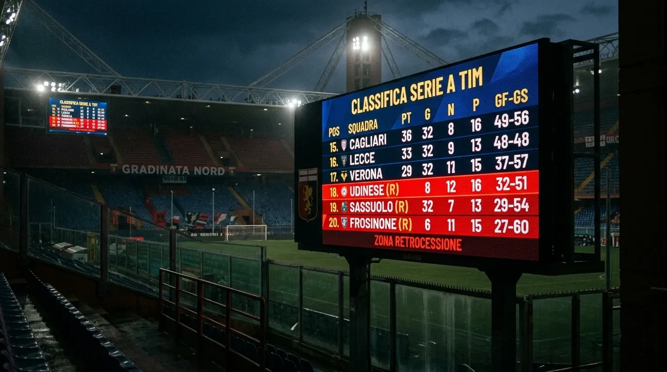 Tabla de clasificación de Serie A mostrando zona de descenso